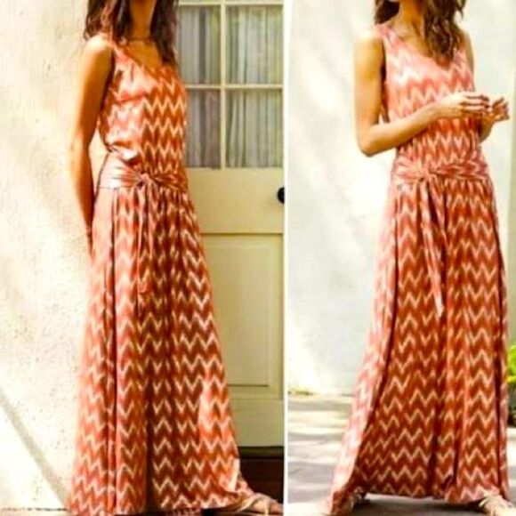 Soft Surroundings Alessandra Dark Coral & Gold Metallic Chevron Maxi Dress - Picture 1 of 11